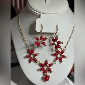 Hand crafted beaded necklace and earrings red coral howlite turquoise 18 inches